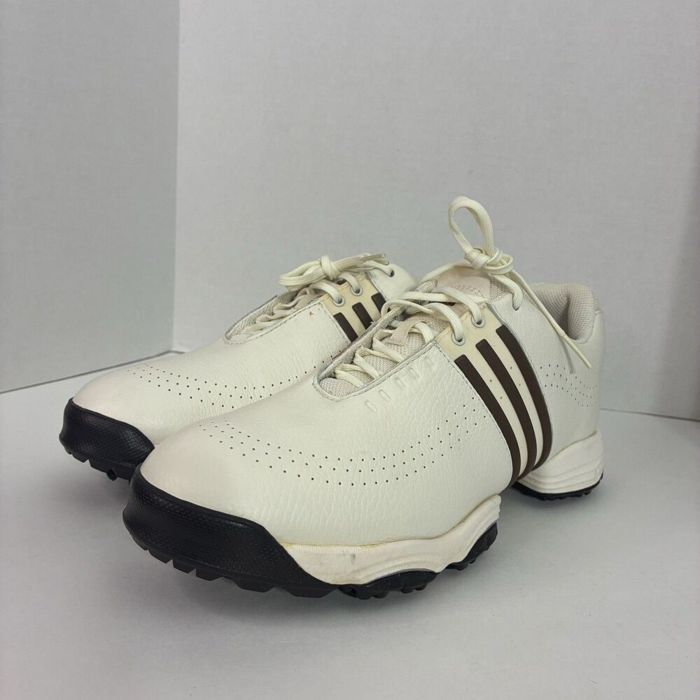 Adidas Golf Shoes Mens 9 White Brown 3 Stripe Spikeless FitFoam
